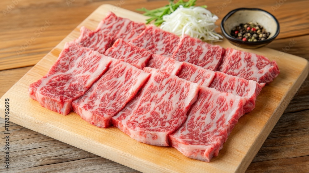 A close-up of a selection of fresh cuts of beef arranged on a wooden cutting board, showcasing the marbling and vibrant red color of the meat against a rustic backdrop A close-up of a selection of fresh cuts of beef arranged on a wooden cutting board, showcasing the marbling and vibrant red color of the meat against a rustic backdrop