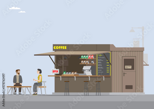 an illustration of an open coffee shop with a coffee sign and couple sitting in enjoyment
