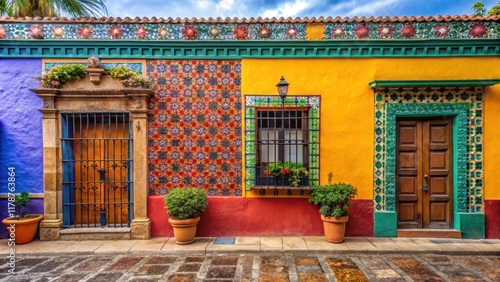 Colorful Mexican house with decorative tiles and vibrant paint in colonial town , San Cristobal de las Casas