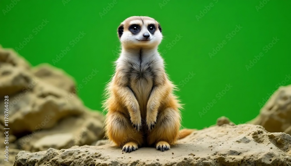 Fototapeta premium Curious Meerkat: A Serene Portrait Against Green