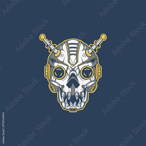 Futuristic metallic robot skull illustration