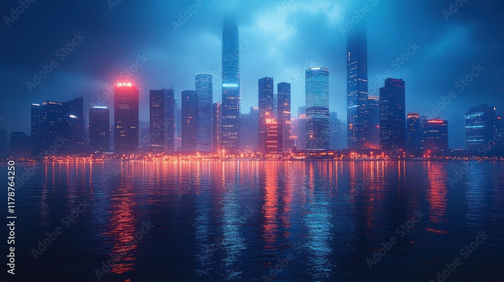 Fototapeta premium A futuristic city skyline illuminated by neon lights, reflected in a calm water surface.