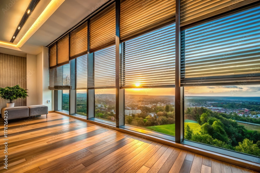 Fototapeta premium Drone footage reveals expansive smart solar blinds, digitally controlled for optimal home automation.