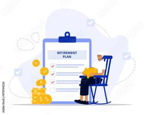 Retirement plan concept illustration. Suitable for landing page, ui, web, App intro card, editorial, flyer, and banner.