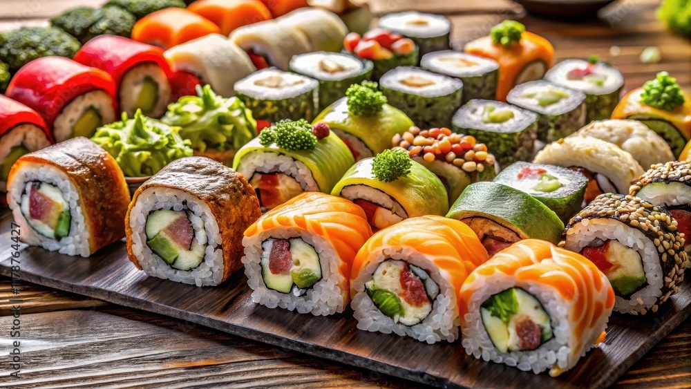 Skillfully prepared sushi rolls in a beautiful and delicious assortment , sushi, rolls, Japanese cuisine, seafood, rice Skillfully prepared sushi rolls in a beautiful and delicious assortment , sushi, rolls, Japanese cuisine, seafood, rice