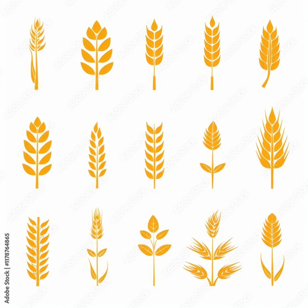 Obraz premium Wheat icon, rye ears sign, barley emblem, oats, cereals symbol, wheat ear, seeds, corns set