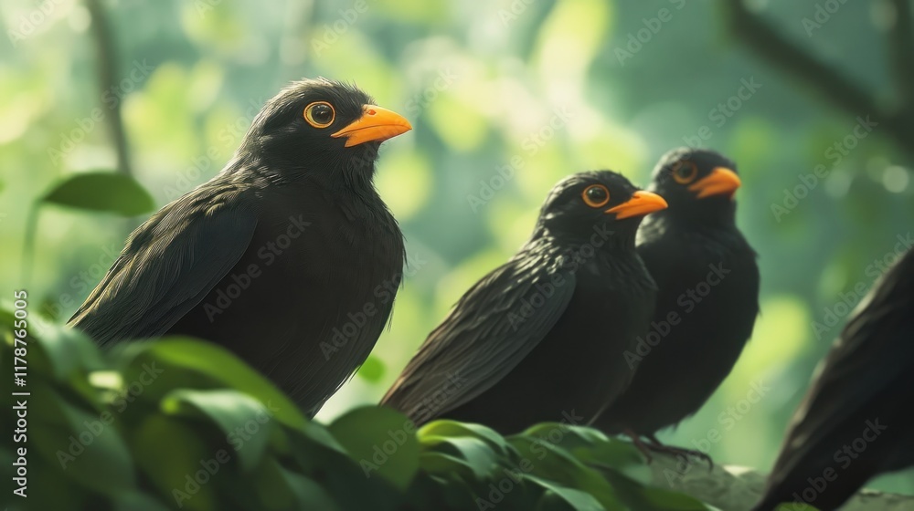 Fototapeta premium Three Black Birds with Orange Beaks in Lush Greenery