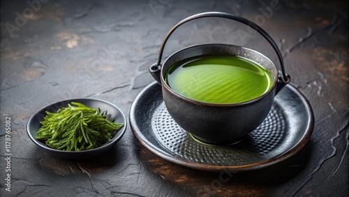 Green sencha tea served in a black cast iron cup , Japanese, tea ceremony, healthy, drink, traditional, organic, brew photo