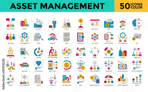 Asset Management icon set with decision making, company, document, client, investor, investment, bank account, wallet, property, digital asset icon. Simple flat color vector 
