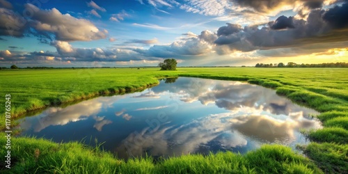 Water puddles reflecting the sky on a lush green field, water, puddles, reflection, grass, field, nature, landscape, wet