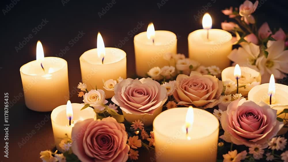 Words “I Love ” glow radiantly candles surrounded floral decorations touching Valentine’s Day animation