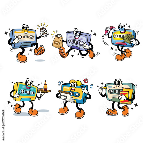 Set of Retro Cassette Tape Cartoon Illustration with Varied Poses and Expressions