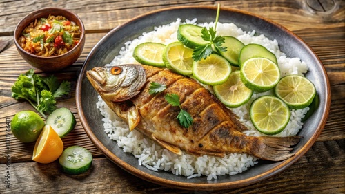 Delicious fried mojarra fish with rice, patacon photo