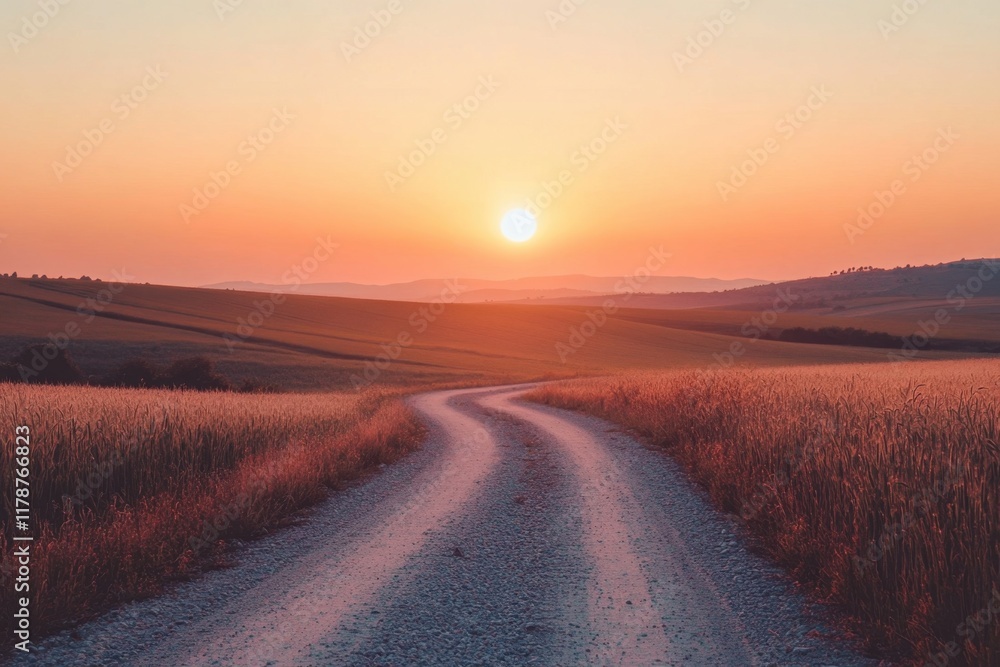 Serene sunset over winding dirt road in countryside nature photography golden hour landscape peaceful rural environment capturing tranquility of sunset scenery Serene sunset over winding dirt road in countryside nature photography golden hour landscape peaceful rural environment capturing tranquility of sunset scenery