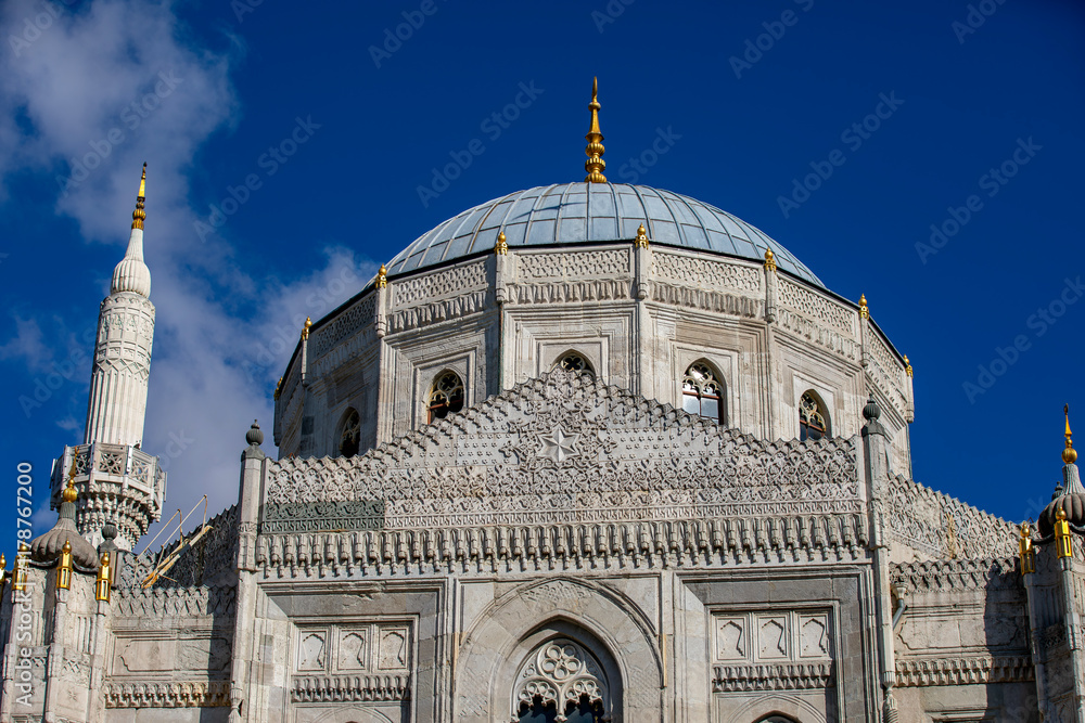 Interior detail from Pertevniyal Valide Sultan Mosque, a 19th century Ottoman imperial mosque located in Aksaray, Istanbul, Turkey.