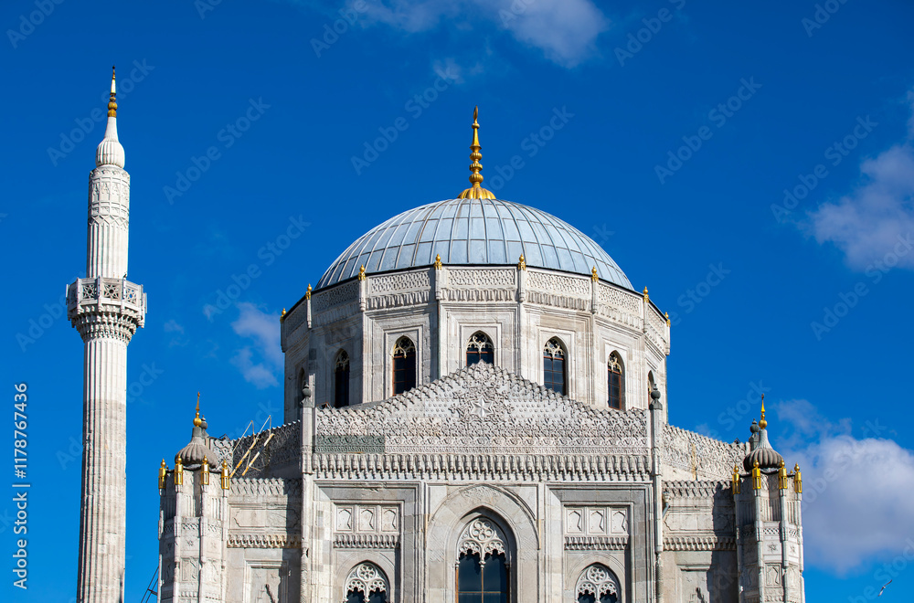 Interior detail from Pertevniyal Valide Sultan Mosque, a 19th century Ottoman imperial mosque located in Aksaray, Istanbul, Turkey.