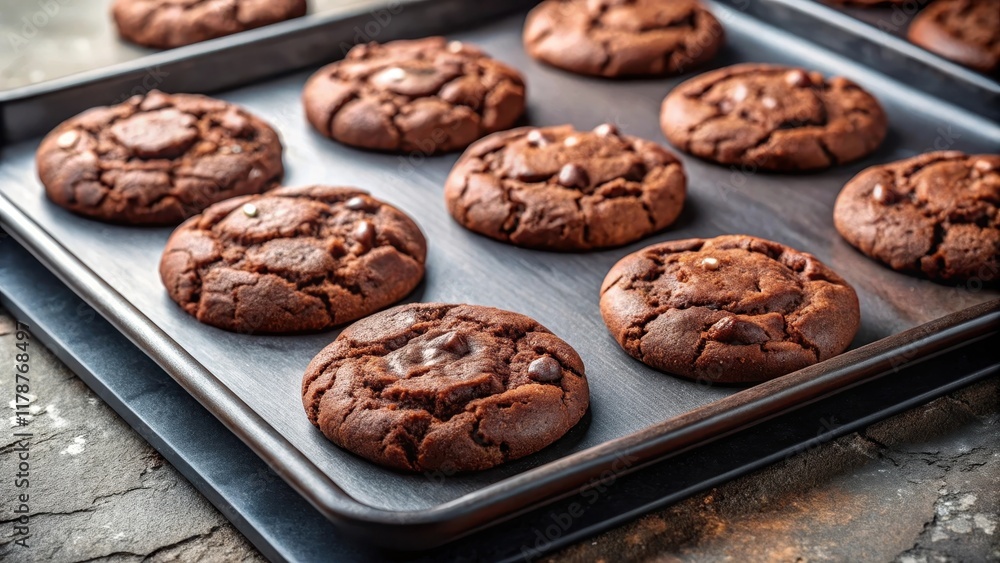 Delicious and decadent chocolate cookies on a baking sheet , dessert, sweets, homemade, crunchy, delicious, snack Delicious and decadent chocolate cookies on a baking sheet , dessert, sweets, homemade, crunchy, delicious, snack
