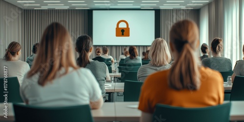 Cybersecurity awareness training session corporate office presentation modern environment audience perspective