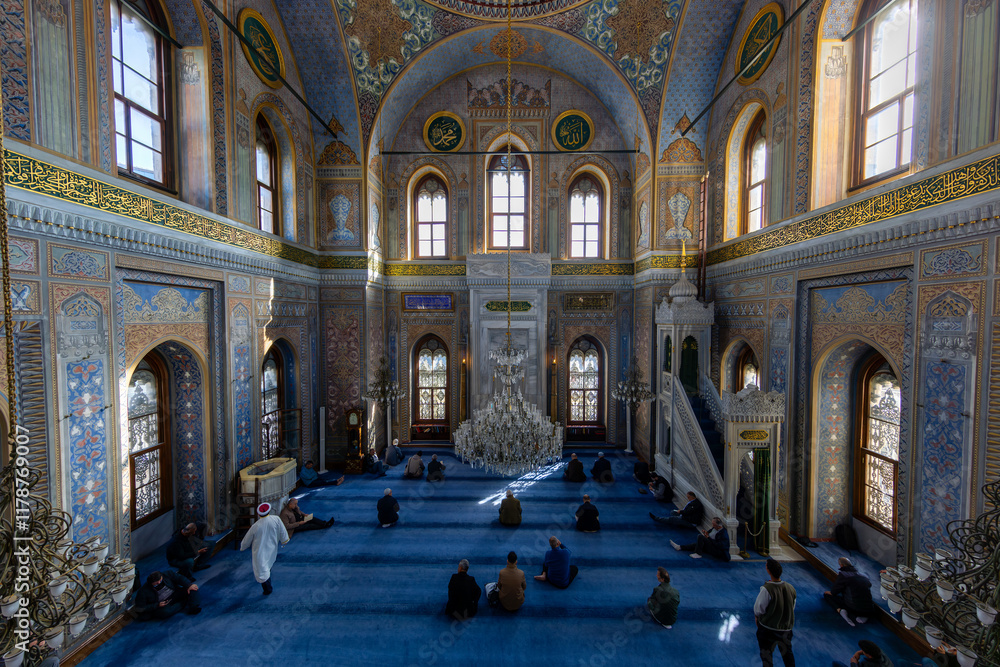 Interior detail from Pertevniyal Valide Sultan Mosque, a 19th century Ottoman imperial mosque located in Aksaray, Istanbul, Turkey.