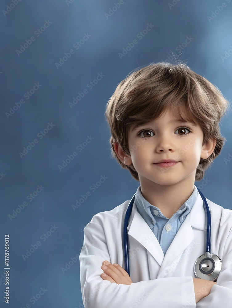 Close-up Photo: Adorable Child Doctor Confidently Posing Against a Deep Blue Background. AI Generated Close-up Photo: Adorable Child Doctor Confidently Posing Against a Deep Blue Background. AI Generated