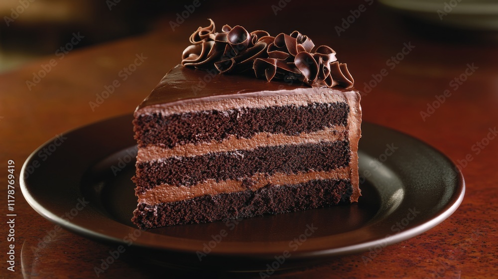 A delicious slice of chocolate cake with layers visible, topped with glossy chocolate frosting and decorative chocolate curls on a rustic plate A delicious slice of chocolate cake with layers visible, topped with glossy chocolate frosting and decorative chocolate curls on a rustic plate