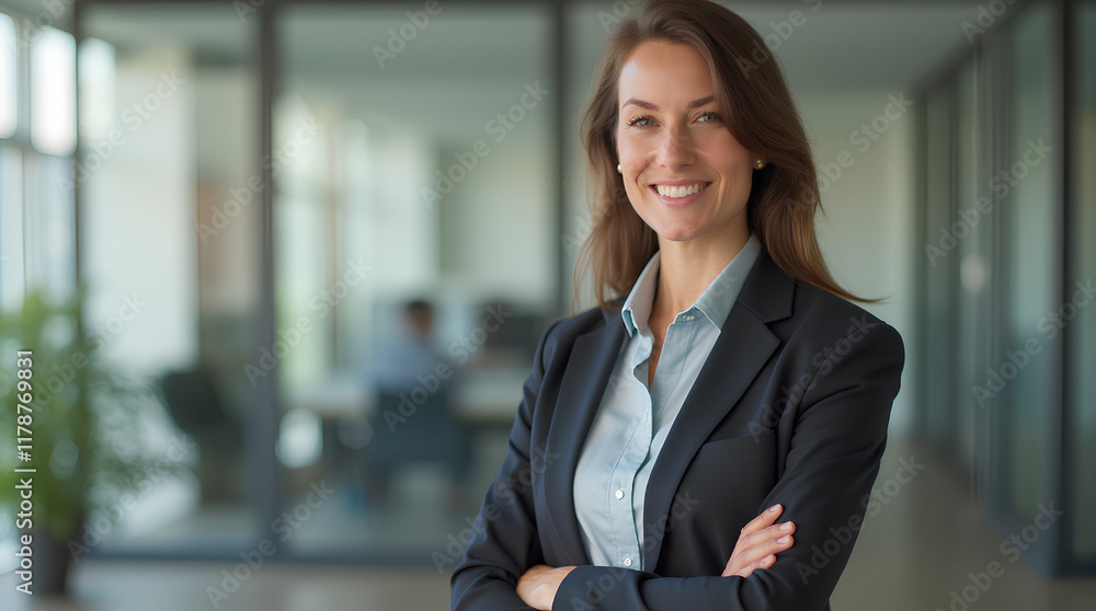 businesswoman worker lady boss female leader girl business woman posing crossed hands looking at camera in office corporate portrait businesswoman worker lady boss female leader girl business woman posing crossed hands looking at camera in office corporate portrait