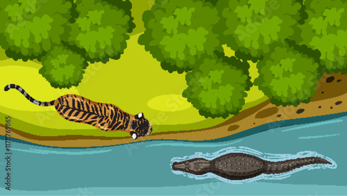Tiger and Crocodile by the River