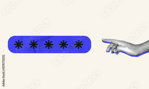 halftone collage, Secure access Blue paper password field with asterisks and a pointing hand. cybersecurity, authentication, and online safety themes