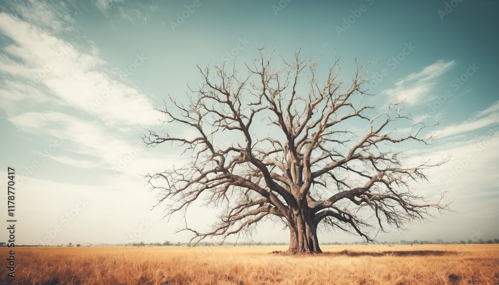 Majestic, barren tree in a golden field under a pale sky.