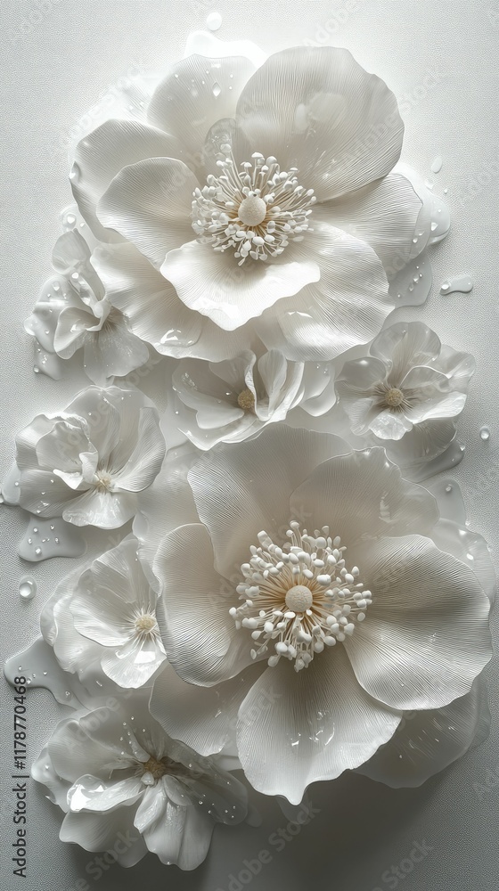 white flowers close-up with dewdrops on white background white flowers close-up with dewdrops on white background