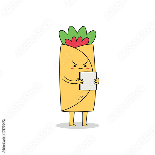 Cute burrito cartoon character reading a paper document doodle