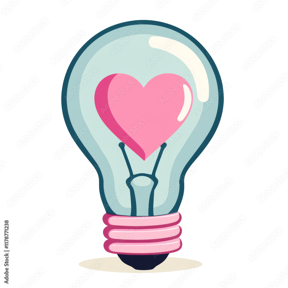 A lightbulb with a pink heart inside symbolizes a loving idea or creative inspiration. A lightbulb with a pink heart inside symbolizes a loving idea or creative inspiration.