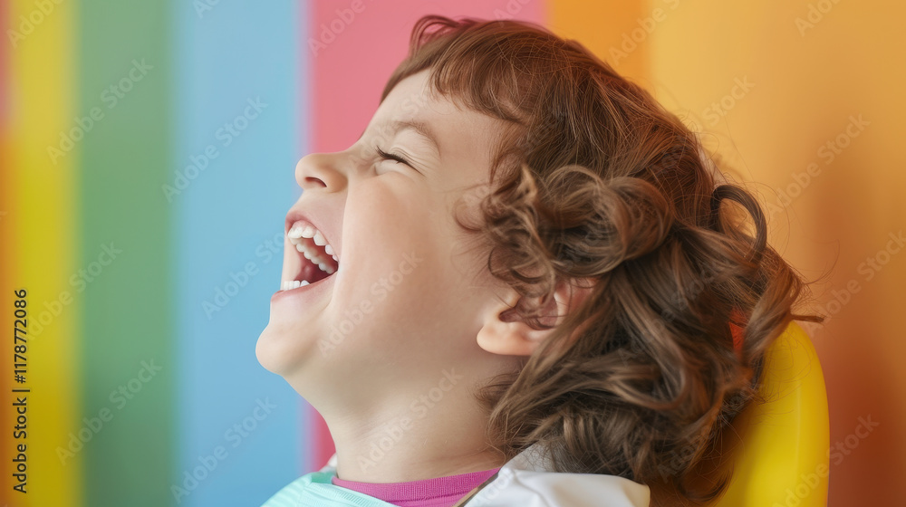 Child laughing joyfully in colorful environment, expressing happiness Child laughing joyfully in colorful environment, expressing happiness
