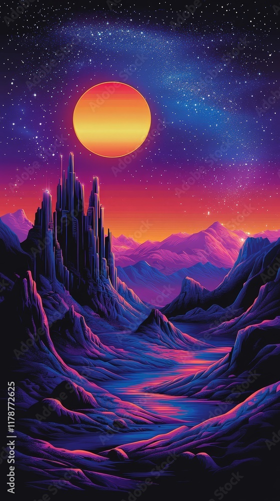 Obraz premium surreal landscape unfolds under a fiery sun. Jagged purple mountains and a mysterious citadel in otherworldly scene. Phone wallpaper.