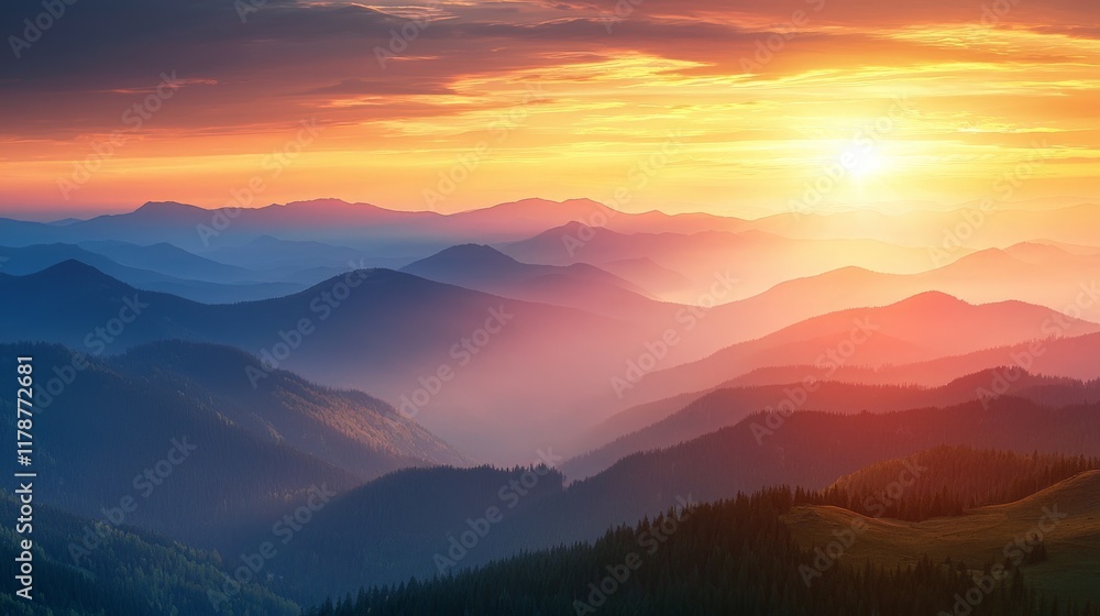 Obraz premium Majestic Sunset Over Mountain Ranges