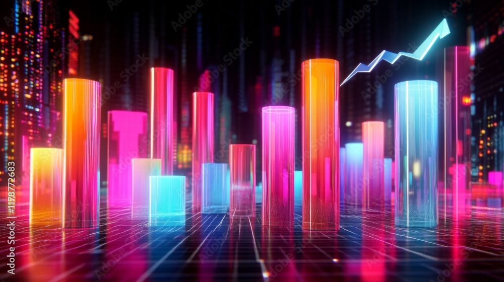 A futuristic D bar chart with tall, glowing columns and an upward trending arrow, hovering over a dark digital background filled with grid patterns A futuristic D bar chart with tall, glowing columns and an upward trending arrow, hovering over a dark digital background filled with grid patterns
