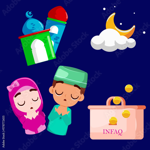 Ramadan element set, mini mosque, moon and cloud, couple kids praying and infaq box