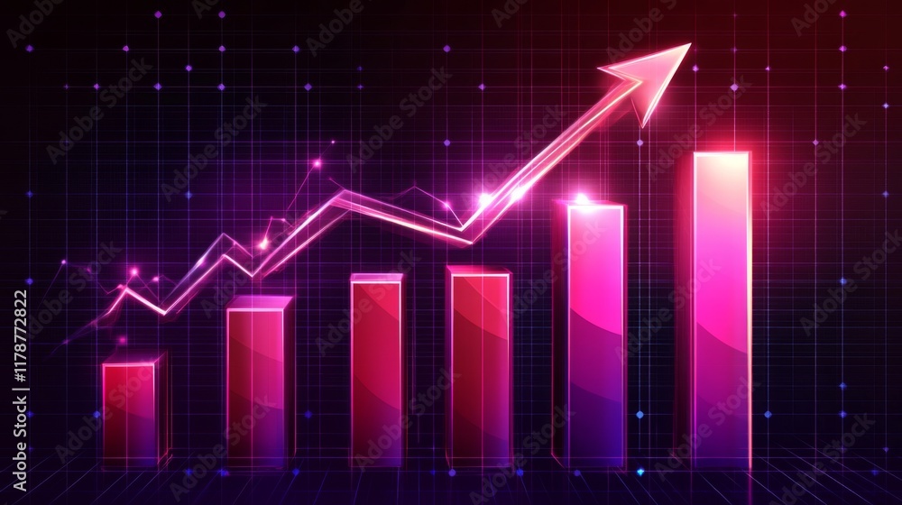 A futuristic D bar chart with tall, glowing columns and an upward trending arrow, hovering over a dark digital background filled with grid patterns A futuristic D bar chart with tall, glowing columns and an upward trending arrow, hovering over a dark digital background filled with grid patterns
