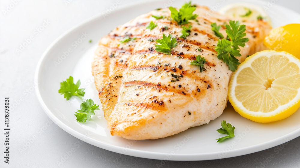 Grilled Chicken Breast with Lemon: A delectable grilled chicken breast, perfectly seasoned and garnished with fresh parsley and lemon slices, rests on a pristine white plate. Grilled Chicken Breast with Lemon: A delectable grilled chicken breast, perfectly seasoned and garnished with fresh parsley and lemon slices, rests on a pristine white plate.