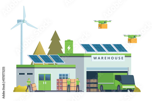 Warehouse Building with Green Sustainable Concept, Packed with Logistic Elements like Delivery Truck, Drones, and Electric Cars. Editable Vector Element on White Background