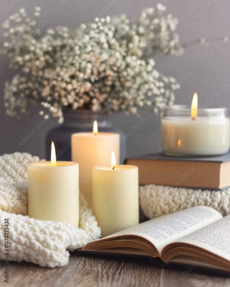 Relaxing evening with candles and a book cozy home setting lifestyle scene warm and inviting atmosphere Relaxing evening with candles and a book cozy home setting lifestyle scene warm and inviting atmosphere