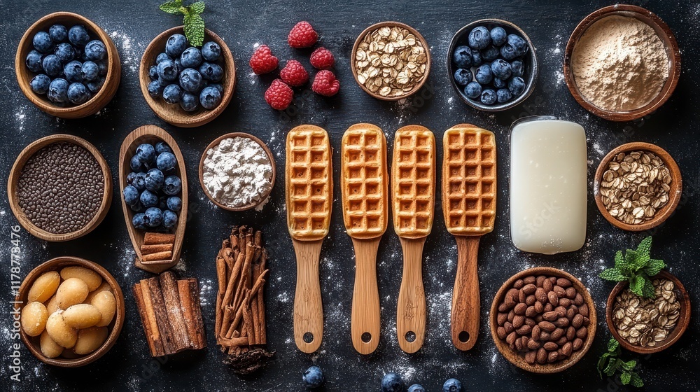 Flat lay of waffles and baking ingredients. Flat lay of waffles and baking ingredients.