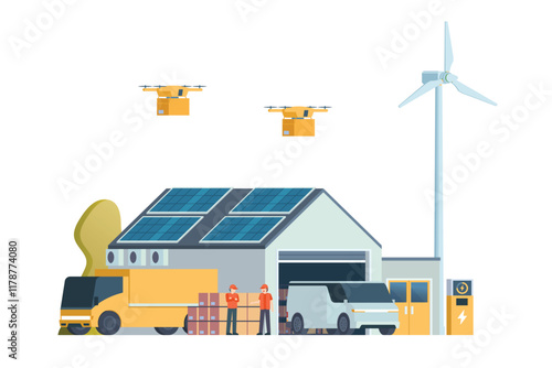 Warehouse Building with Green Sustainable Concept, Packed with Logistic Elements like Delivery Truck, Drones, and Electric Cars. Editable Vector Element on White Background