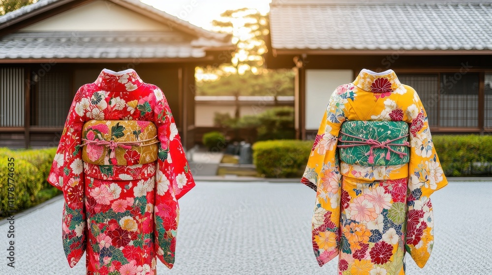 Fototapeta premium Two beautifully patterned kimonos in red and yellow, displayed outdoors against a serene Japanese backdrop during sunset.