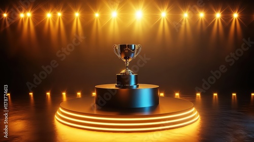 Award podium with trophy. Rewarding round stage for winner of sport or business compitetion in lights vector 3d image  photo