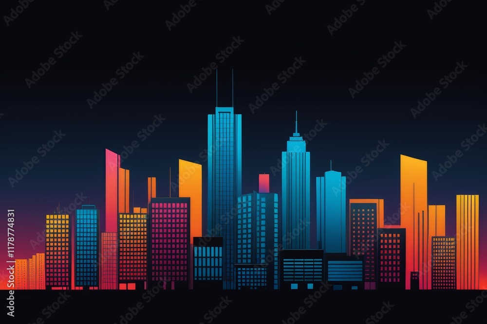a brightly colored city skyline with skyscrapers at night a brightly colored city skyline with skyscrapers at night