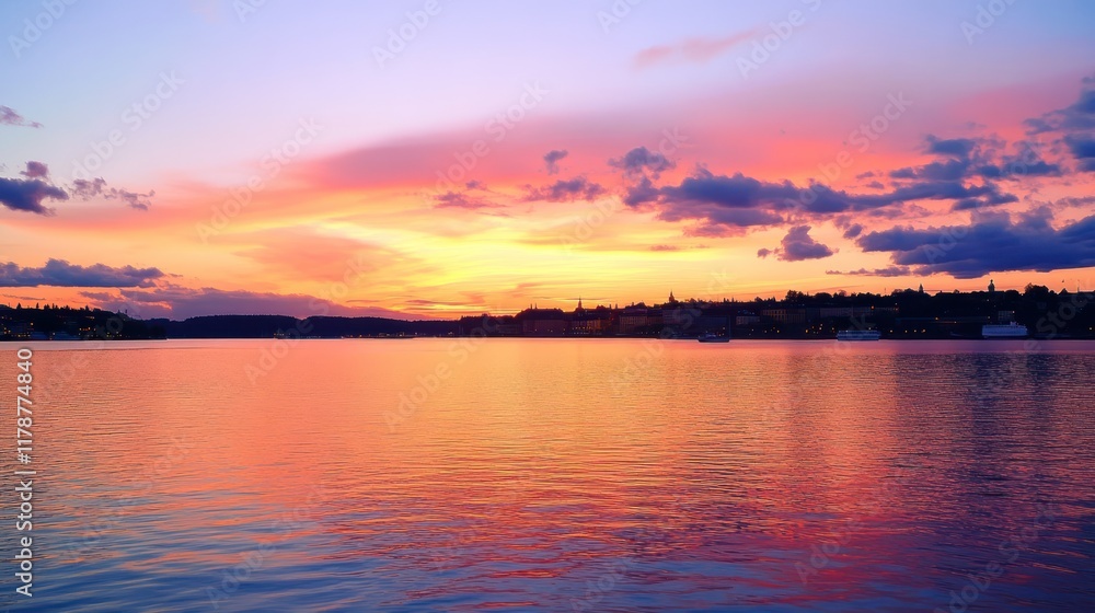 A serene sunset over a calm body of water, reflecting vibrant colors and clouds. A serene sunset over a calm body of water, reflecting vibrant colors and clouds.