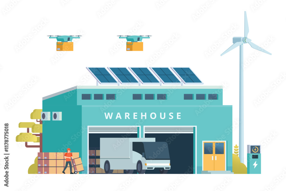 Warehouse Building with Green Sustainable Concept, Packed with Logistic Elements like Delivery Truck, Drones, and Electric Cars. Editable Vector Element on White Background Warehouse Building with Green Sustainable Concept, Packed with Logistic Elements like Delivery Truck, Drones, and Electric Cars. Editable Vector Element on White Background