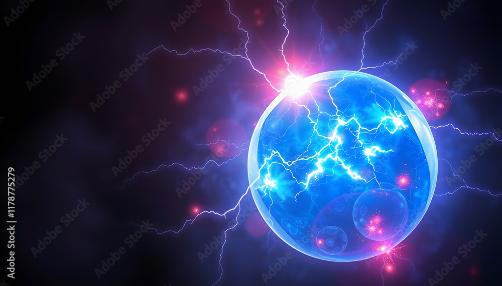 Obraz premium Magic sphere, energy ball with mystic glow, lightning and sparks. art. Color glowing orb with light effect, liquid plasma and fire. Fantasy shiny circle for game design, 8k, with white tones