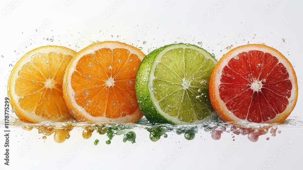 Four citrus fruit slices in water splash. Four citrus fruit slices in water splash.